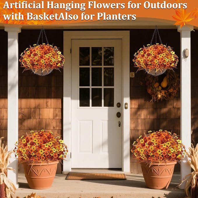 Artificial Fake Hanging Baskets Fall Flowers for Outdoors Decoration, 189 Silk Mums & 54 Boston Ferns UV Resistant Look Real Faux Plants for Outside Yard Patio Porch Garden Balcony Home Autumn Decor