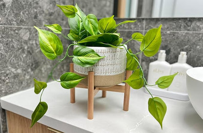 Kurrajong Farmhouse 7.25in Ceramic Planter with Bamboo Stand, Indoor Use, Caramel and White