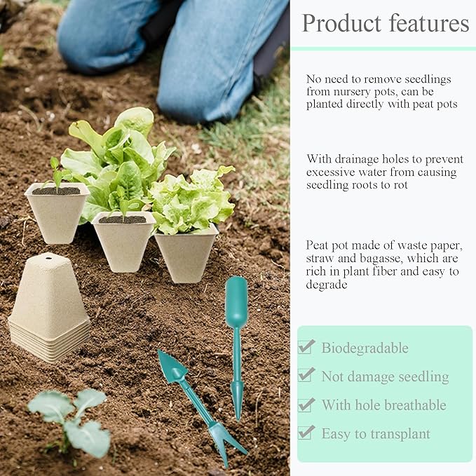 50Pcs Biodegradable Seedling Pots Seed Starter Kit 3.15 Inch Square Peat Pot with Drainage Holes, Plant Labels, Seedling Pickers & Garden Shovels