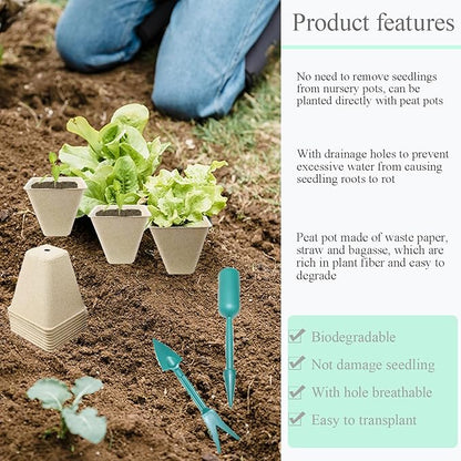 50Pcs Biodegradable Seedling Pots Seed Starter Kit 3.15 Inch Square Peat Pot with Drainage Holes, Plant Labels, Seedling Pickers & Garden Shovels