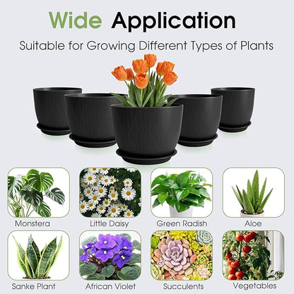 GARDIFE Plant Pots 10/9/8/7.5/7 Inch Plant Pots, Set of 5 Plastic Planters with Drainage Holes and Saucers,Plastic Flower Pots,Nursery Planting Pot for Indoor Out Door Plants (Black)