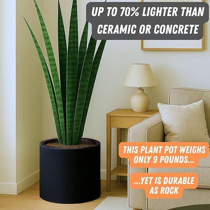 Fox & Fern 14.6 Inch Extra Large Planter — Premium Lightweight Fiberstone Matte Black Plant Pot with Drainage Plug - Big Planter for Indoor & Outdoor Use - Weather Resistant & UV Resistant