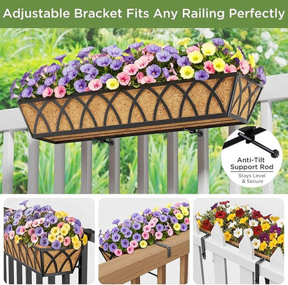 HFHOME 2 Pcs 30" Window Box Deck Railing Planter with Horse Trough Coco Liners, Black Metal Hanging Flower Planters Baskets for Indoor, Outdoor, Balcony, Porch, Fence, Patio, and Lawn