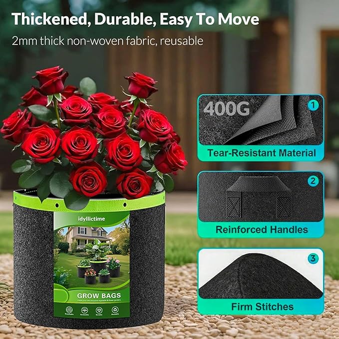 Grow Bags 6 Pack 2MM 400G More Heavy Duty Thickened Nonwoven Garden Plant Fabric Pots (Black, 10 Gallon)