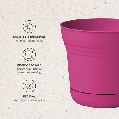 Bloem Saturn 5" Fuchsia Round Resin Planter Pot with Snap-in Saucer for Indoor and Outdoor Gardening