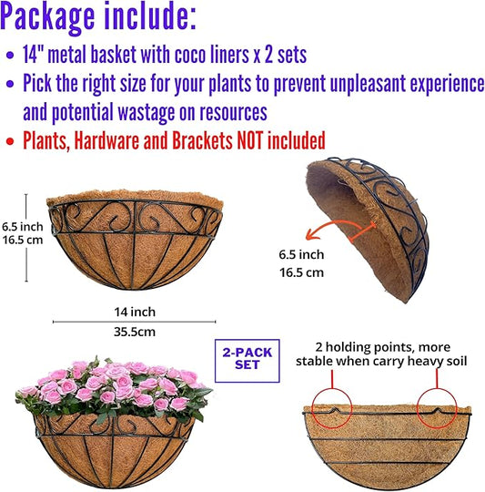 LaLaGreen Large Wall Planter Outdoor - 2 Pack, 14 Inch Large Fence Hanging Flower Baskets with Coco Liner, Herb Pots Holder Rail Planter Outside Railing Deck Porch Balcony Vertical Garden Privacy Wall