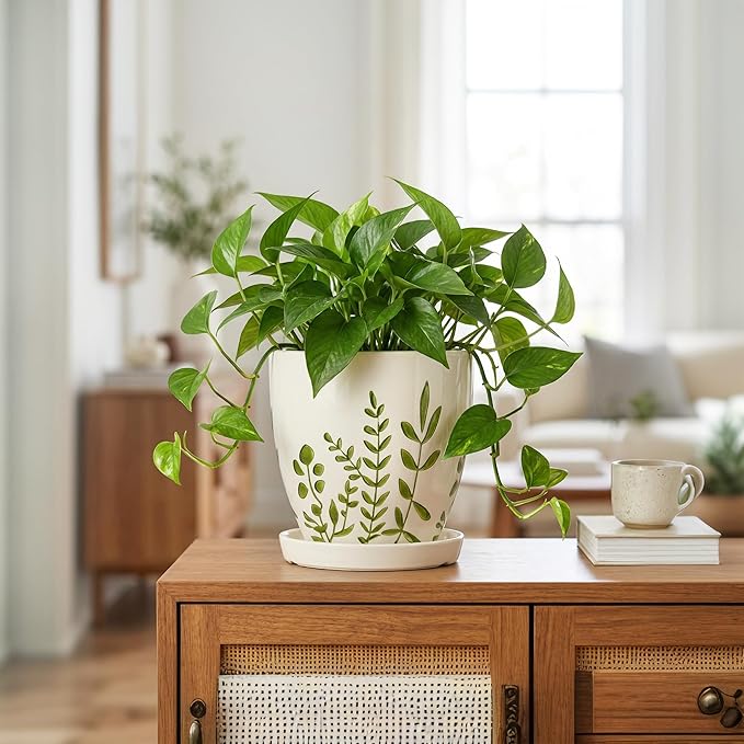 Ceramic Pots for Plants - 6 Inch Plant Pot for Indoor Outdoor Plants, Ceramic Planter with Drainage Hole and Saucer, Decorative Round Planter, Gifts for Plant Lovers, Home Room Decor, White