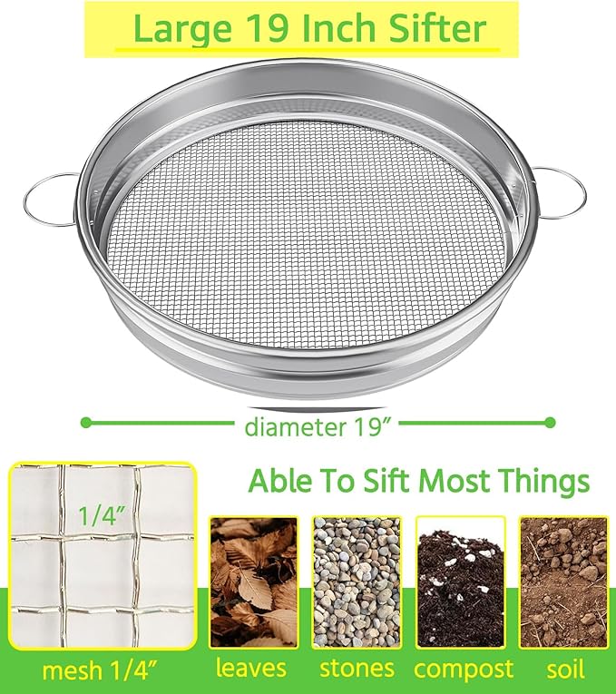 19“ Large Soil Sifter with Handle for Gardening, Dirt Sifter, Compost Sifter, Rock Sand Sifter, Wheelbarrow Sifter, Garden Soil Sieve, Metal Gravel Pellet Worm Sifter, Heavy Duty Bin Outdoor