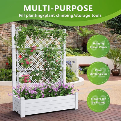 Raised Garden Bed with Trellis for Climbing Plants, 43.43" L x 18.27" W x 59.29" H Planter Box with Self Watering Drainage Holes for Outdoor Backyard Patio Balcony, Anti-Rust Resin (Ashen)