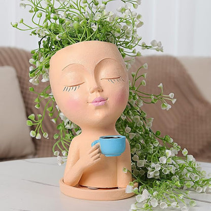 Face Pot for Plants, with a Base,Face Flower Pot for Indoor Outdoor Plants Resin Succulent Planter with Drainage Hole Cute Lady Plant Pots（Lignt Orange）