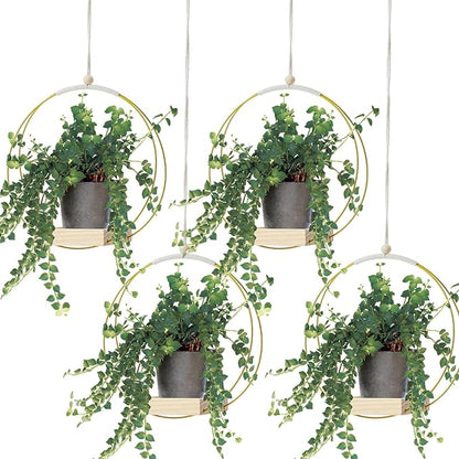 Geelin 4 Pack Plant Hanger with Wood Base Hanging Window Planter Boho Macrame Hanging Potted Plant Holders for Indoor Outdoor Window Wall Ceiling Home Decoration, Pot & Sapling Not Included(Gold)