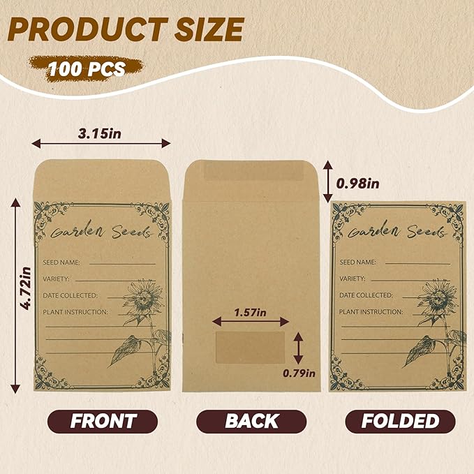 100 Pieces Seed Envelopes - Seed Packets Self Adhesive Sealing Small Seed Saving Envelopes With Clear Window for Storage 4.72 * 3.15 Inch for Collection Vegetable Plants Garden Seeds