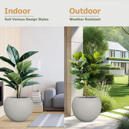 9.7"H x 12"D Globo Fiberstone Round Planter with Drainage Hole, Smooth Finishes, Weather Resistant for Indoor & Outdoor Use, Included 2 Extra Coco Mats (Light French Gray, 7.8" Pot Opening)