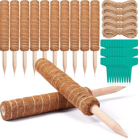 10 Pack Moss Pole, 112 Inch Coir Moss Pole for Plants Monstera, Plant Pole for Climbing Indoor Plants Potted Plants, Plant Sticks Support Extension with 30 Pcs Plant Labels and 5 Pcs Garden Ties