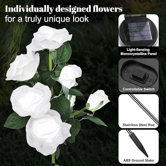 Solar Rose Lights Outdoor, 2 Pack with 14 Rose Flowers Waterproof Color Changing LED Flower Lights, Solar Powered Garden Stakes for Yard, Patio, Pathway Decor - Artificial Floral Decorative Lighting