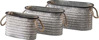 SOFE Rustic Galvanized Tub Small Oval Planter Set of 3, Planters for Indoor Plants, Metal Bucket with Rope Handles, Farmhouse Indoor Plant Pot Home Decor for Outdoor Garden