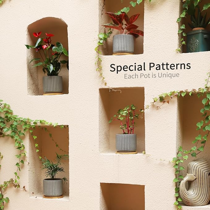 TAMAYKIM 5.25 Inch Ceramic Plant Pots with Drainage Holes and Saucers, Modern Vertical Pattern Flower Pots with Trays for Indoor Planters, Snake Plant, Succulent, Cactus and Herbs, Set of 4