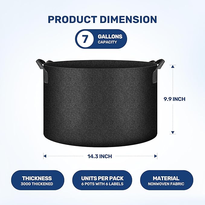 HealSmart 7 Gallon 6 Pack Nonwoven Grow Bags, Aeration Fabric Pots with Handles, Heavy Duty Garden Grow Pots for Tomato Vegetables Flowers, 6 Plant Labels, Black