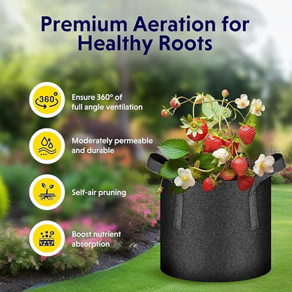 iPower 10 Gallon 5 Pack Grow Bags Nonwoven Fabric Pots Aeration Container with Strap Handles for Garden and Planting, 5-Pack Black, 10 Gallon