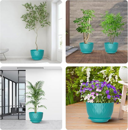 10 Inch Large Plant Pots, Flower Pots with Multi-Mesh Drainage Holes and Saucer, Plastic Planters for Indoor and Outdoor Garden Plants (Black-Green, 10")