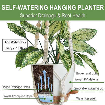 Set of 3 Hanging Planters for Indoor Plants with 10"/8"/7" Self-Watering Hanging Pots, Hanging Plant Pots with Drainage, 3 Different Size Macrame Plant Hangers with Hooks White Large