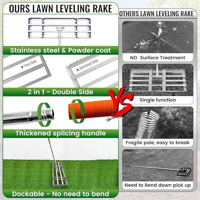 Lawn Leveling Rake, 2-in-1 Double Side can Switch, with 20pc Marking Flags to Mark Low Spot, Stainless + Powder-Coat, FLAT Level Soil/Dirt/Compost on Lawn, SERRATED Rake Dead Grass/Ruts/Gravel on Yard
