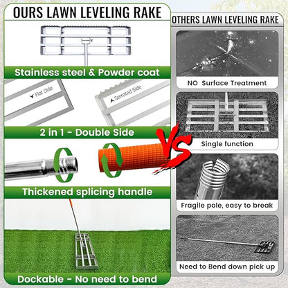 Lawn Leveling Rake, 2-in-1 Double Side can Switch, with 20pc Marking Flags to Mark Low Spot, Stainless + Powder-Coat, FLAT Level Soil/Dirt/Compost on Lawn, SERRATED Rake Dead Grass/Ruts/Gravel on Yard