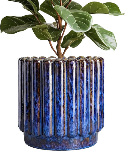12 Inch Pots for Plants - Ceramic Planter Indoor Outdoor, Large Ceramic Flower Pots with Drainage Hole, Fluted Modern Round Planter, Living Room Home Decor, Gifts for Plant Lovers, Blue