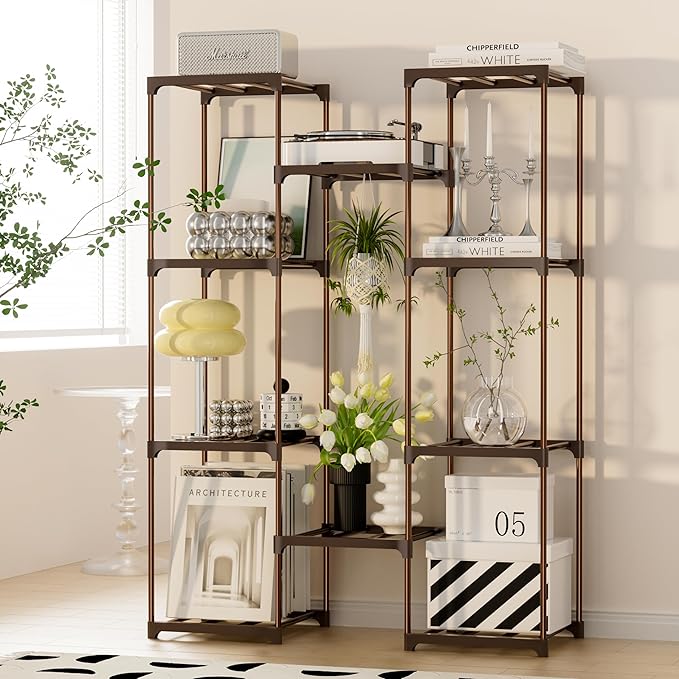 Plant Stand Indoor Outdoor Plant Shelf Stand, 4 Tiers 10 Pots Large Potted Metal Flower Plant Rack for Multiple Plants, Hanging Tall Planter Holder for Patio Balcony Living Room Corner Porch Garden Boho Decor Brown