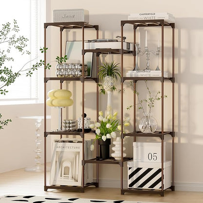 Plant Stand Indoor Outdoor Plant Shelf Stand, 4 Tiers 10 Pots Large Potted Metal Flower Plant Rack for Multiple Plants, Hanging Tall Planter Holder for Patio Balcony Living Room Corner Porch Garden Boho Decor Brown