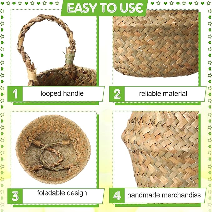 Qunclay 4 Pcs Woven Seagrass Baskets Belly Basket Folding Boho Natural Plant Pot with Handles Round Decorative Wicker Large Indoor Planter for Home Outdoor Tree Planters Decor (Xs,7.9''dx6.3''h)
