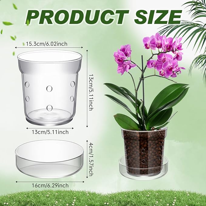 Baderke 1 Pcs Orchid Pot with Drainage Holes and Tray Transparent Glass Pot Planter for Orchids Flower Repotting Anti Slip Glass Plant Vase for Indoor Outdoor Home Decor (6 Inch)