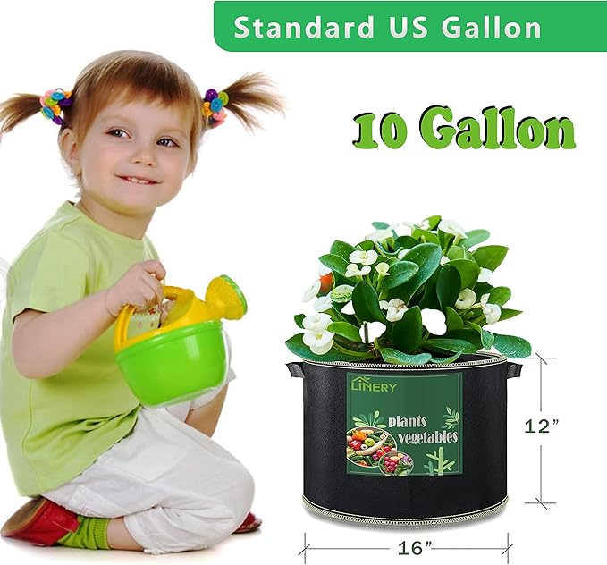 LINERY 15-Pack 10 Gallon Planting Grow Bag Black Heavy Duty Thickened Grow Bags Upgrade Hemming Process Grow Bag with Handles Non-Woven Fabric Plant Pots【15-10G】