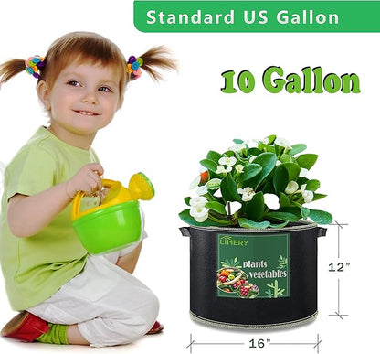 LINERY 15-Pack 10 Gallon Planting Grow Bag Black Heavy Duty Thickened Grow Bags Upgrade Hemming Process Grow Bag with Handles Non-Woven Fabric Plant Pots【15-10G】