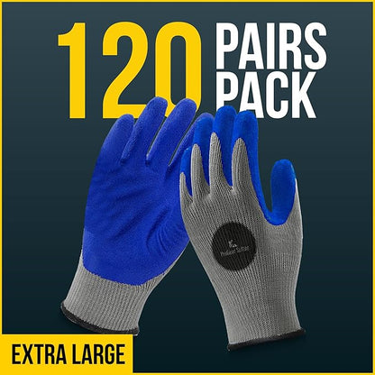 12 Pairs & 120 Pairs Blue Latex Coated, Gardening Gloves, Work Gloves, Double dipped, Textured Grip Gloves