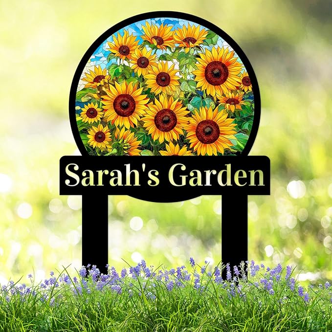 Personalized Sunflower Garden Sign with Stake, Custom Sunflower Garden Stake Plaque Metal Yard Sign, Customized Colorful Sunflower Patio Lawn Outdoor Decor Name Sign for Mom Grandma