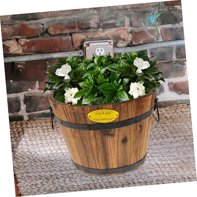 DOITOOL Wooden Barrel Planter 10.2 Inch Round Whiskey Barrel Flower Pot Rustic Wooden Flower Bucket with Handle for Indoor Outdoor Garden Balcony
