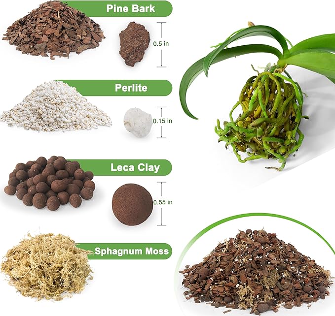 Orchid Bark Potting Mix 3QT - Orchid Soil Mix with Pine Bark, Perlite, Sphagnum Moss & Leca Clay, Fast-Draining Mix for Repotting Phalaenopsis & All Epiphytic Orchids, Indoor Orchid Mulch