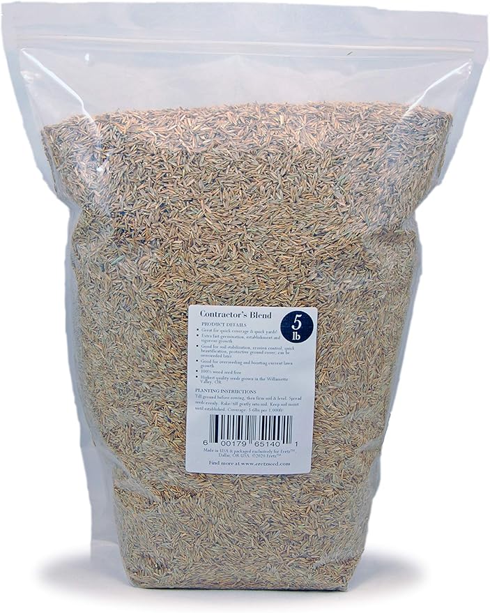 Contractor’s Grass Seed Blend by Eretz (5lb) - Choose Size! Willamette Valley, Oregon Grown. Premium, Number 1 Seeds Only! No Weed Seeds or Fillers