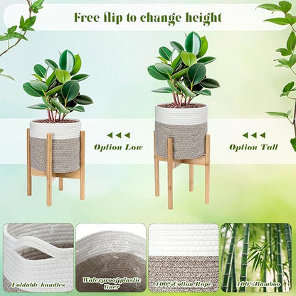 Plant Basket with Stand Indoor Planter Pot Holder Sturdy Jute Rope Modern Woven Basket, Cotton Rope Woven Pot with Bamboo Stand(White and Brown,10 Inch)