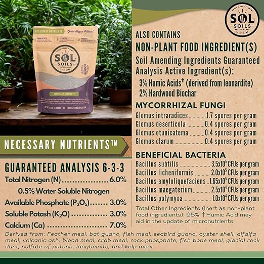 Sol Soils Sol Biotics Necessary Nutrients – Soil Fertilizer with Biochar, Humic Acids & Beneficial Microbes Including Mycorrhizal Fungi & Bacillus Bacteria for Healthy Soil & Plant Growth - 4oz