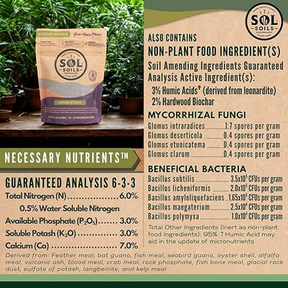 Sol Soils Sol Biotics Necessary Nutrients – Soil Fertilizer with Biochar, Humic Acids & Beneficial Microbes Including Mycorrhizal Fungi & Bacillus Bacteria for Healthy Soil & Plant Growth - 4oz