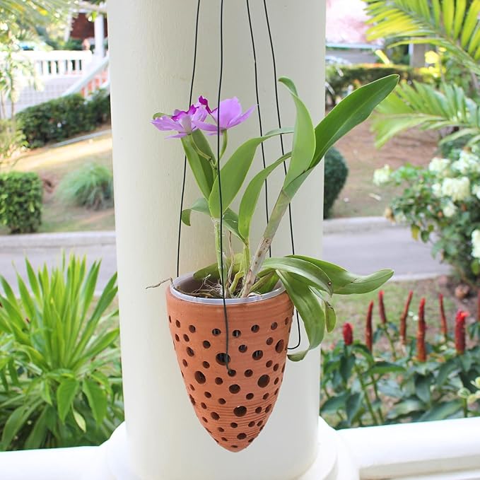 2 Terracotta Rocket Shaped Orchid Pots with Holes for Small Plants, Hanging Clay Orchid Planters for Outdoors