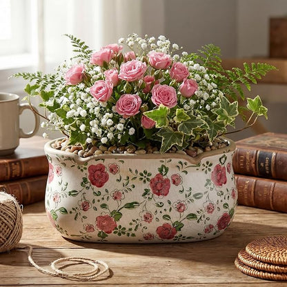 8.6" Large Vintage Ceramic Planter Ice Cracked Farmhouse Rectangle Pots with Drainage Hole Pots for Indoor Outdoor Plants Home Kitchen Windowsill Office Shelf Rustic Decor Gift(Rose)