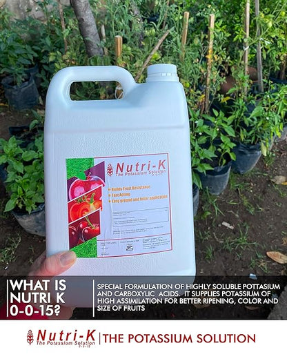 Nutri K Potassium Fertilizer for Plants - Enhances Flow & Uptake for Potting Soil Indoor Plants - Corrects Deficiencies & Prevents Blotchy Ripening in Fruits & Vegetables - 2.5 Gallons