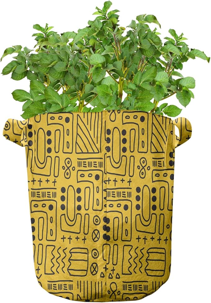 Lunarable Aztec Grow Bags 5-Pack, Geometric Shapes Cultural, Heavyduty Fabric Pots with Handles for Plants, Yellow Black