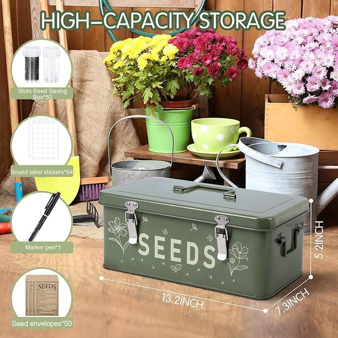 Seed Storage Organizer, Seed Saving Box with Lid, Metal Seed Bin Seed Packet Container with 50 Seed Envelopes 60 Transparent Bottles 1 Funnel 1 Marker Pen 4 Compartments Box with Locks, Green