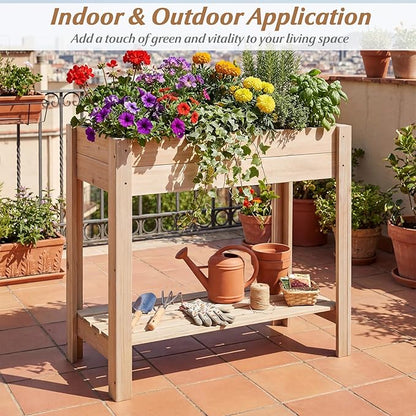 HAPPYGRILL Wooden Raised Garden Bed with Legs, Elevated Planter Box w/Storage Shelf, Drainage, Liner, Outdoor Solid Wood Gardening Box for Vegetables Herbs Flower, Backyard Patio Balcony Indoor