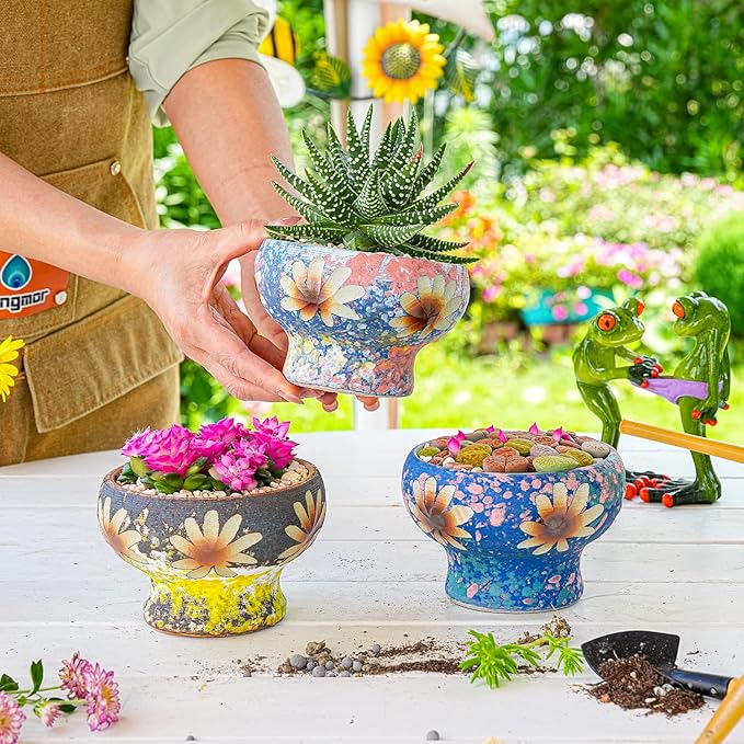 Sungmor Small Succulent Planters Set of 3, Beautiful Hand Crafted Ceramic Plant Pots Cute Cactus Pot, 4.9 Inch Flower Pots for Indoor Plants with Drainage, Desktop Windowsill Home Office Decor Pots