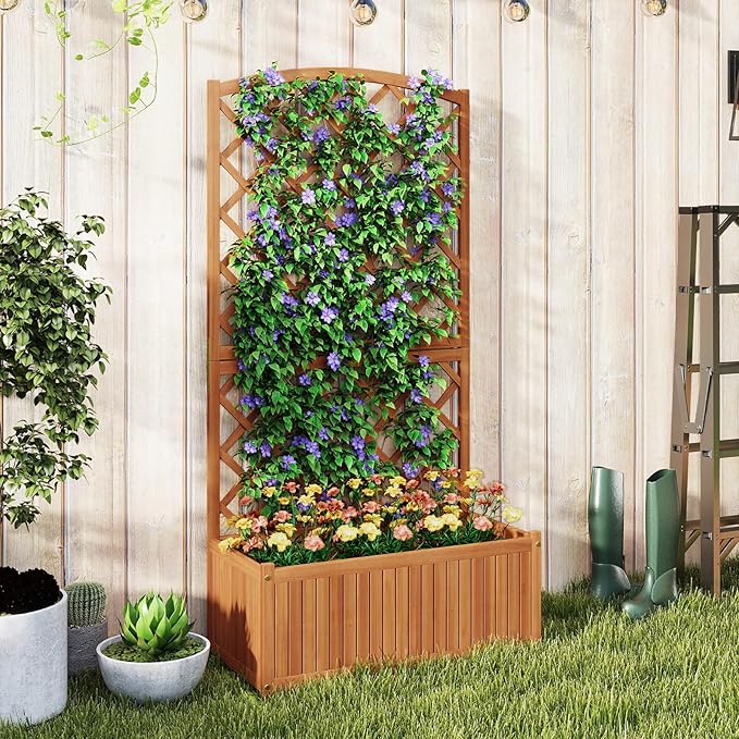HAPPYGRILL Wooden Raised Garden Bed with Trellis, 63" Tall Planter Box with Trellis & Slat Bottom Base Vine Climbing Plants Flowers, Outdoor Freestanding Garden Box for Backyard Balcony (2)